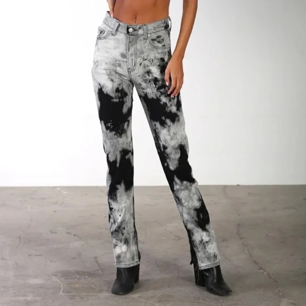 NWT Revice Uptown Twister Black White Tie Dye Print Straight Leg High Waisted